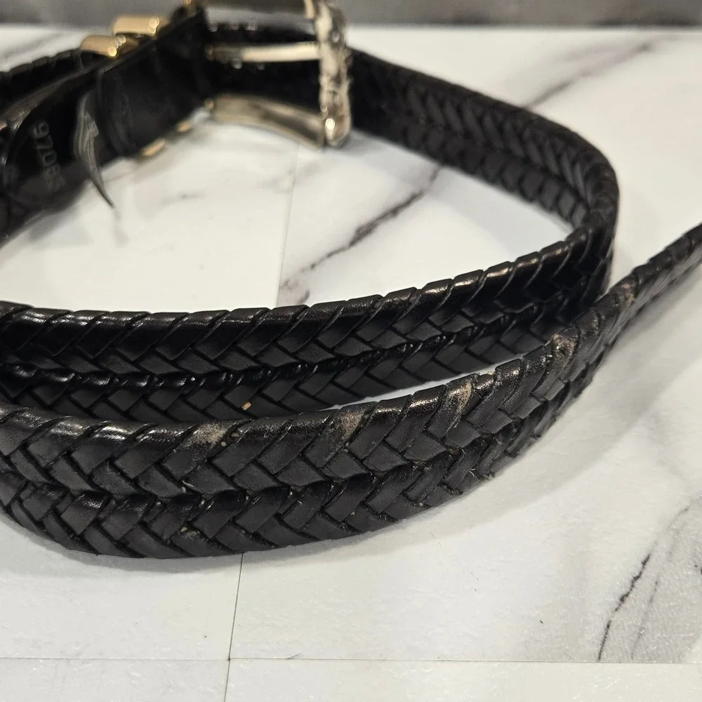 Vintage Brighton Woven Leather Belt Womens 34 Black Silver Ornate Buckle 97083